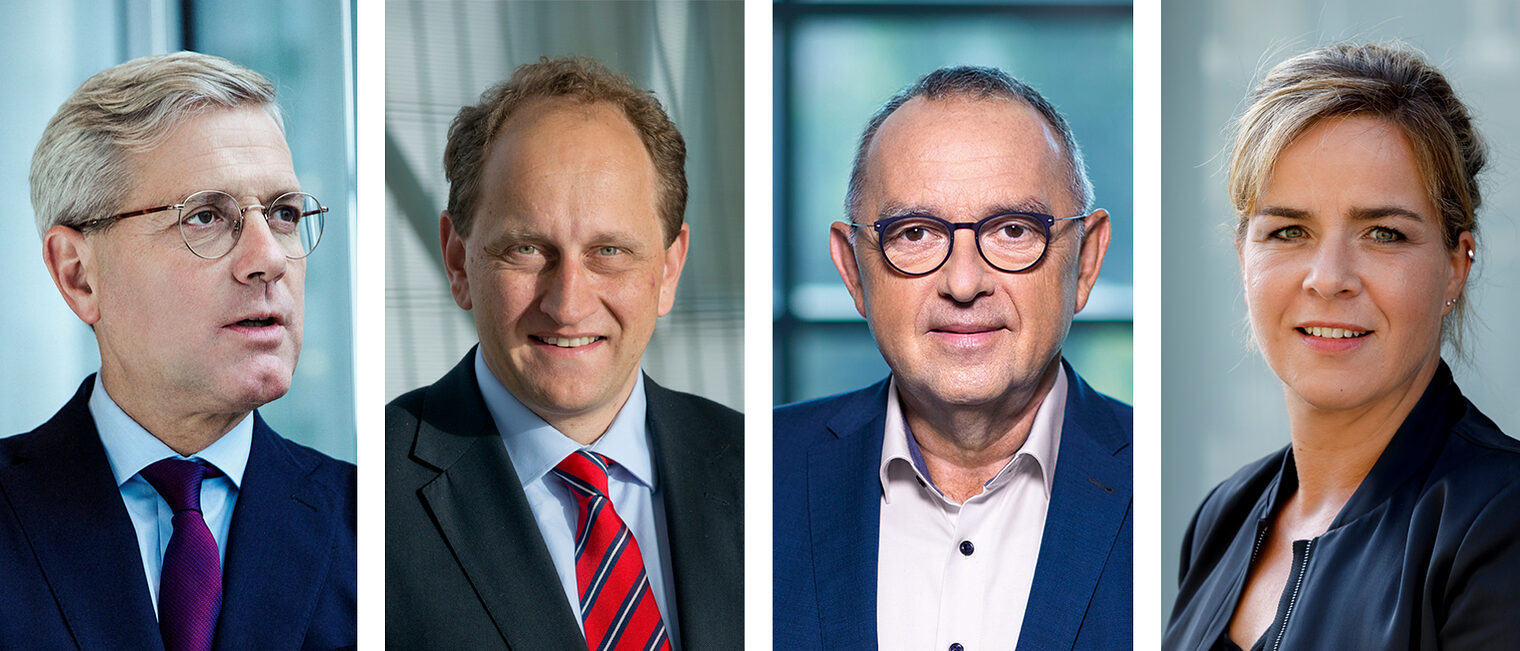 Stellen sich den Fragen des Handwerks: Norbert Röttgen (CDU), Alexander Graf Lambsdorff (FDP), Norbert Walter-Borjans (SPD) und Mona Neubaur (Bündnis 90/Die Grünen).